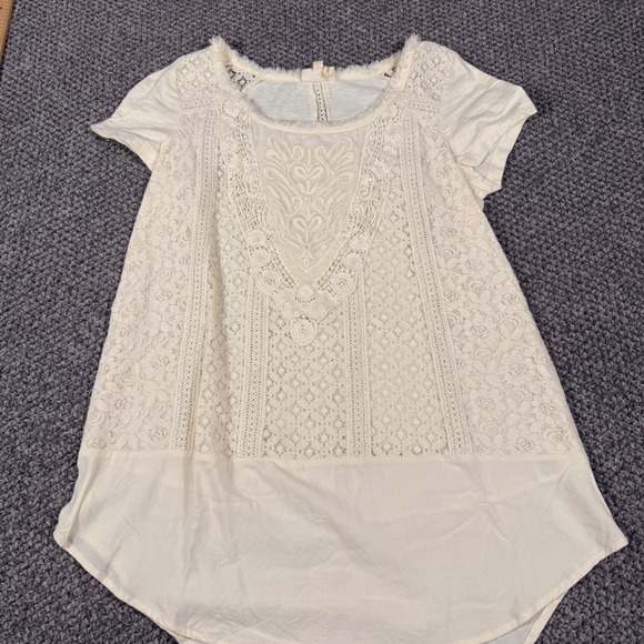 Meadow Rue Anthropologie Lace Embroidered Top S Ivory Boho Frayed Neckline - Picture 2 of 10